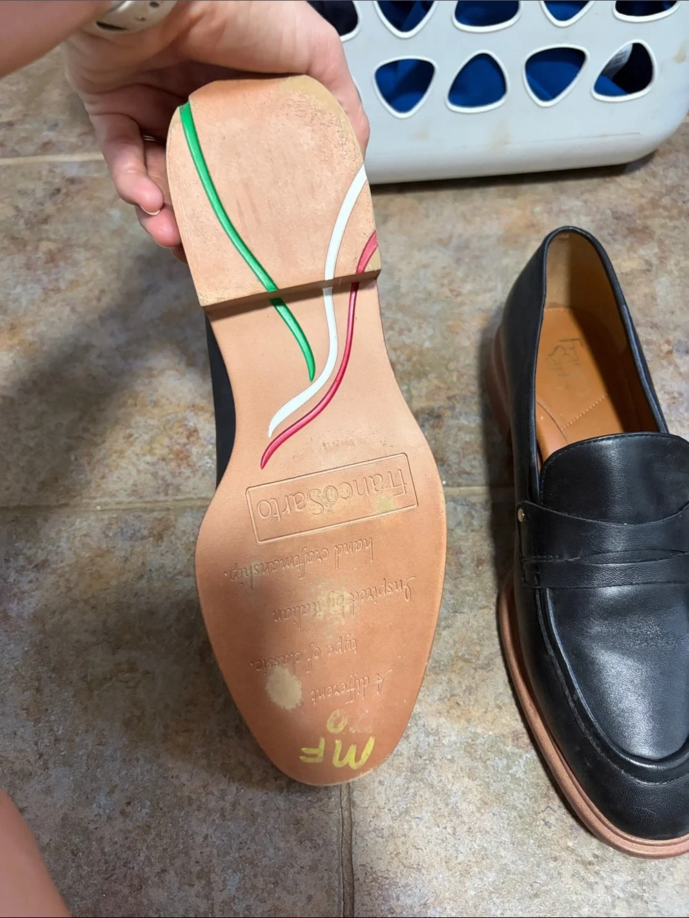 Franco Sarto Black Leather Penny Loafers with Tan/Brown Sole 9.5W